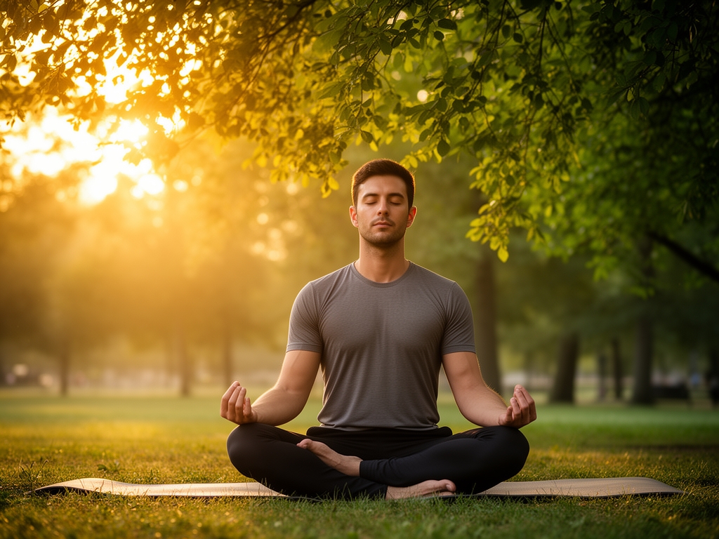 Hombre adulto practicando yoga al amanecer en un parque tranquilo, postura de meditación serena, luz dorada matutina filtrándose entre hojas verdes