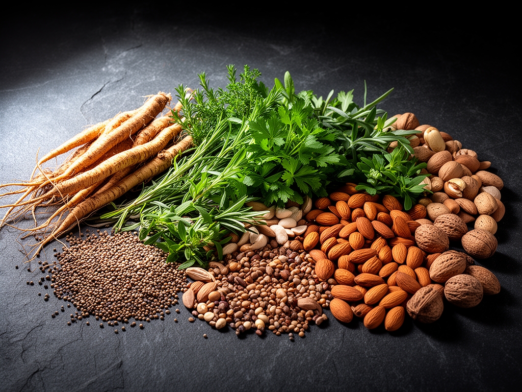 Panorámica de ingredientes naturales seleccionados: raíces, semillas, hierbas aromáticas y frutos secos dispuestos artísticamente sobre una superficie de piedra oscura con luz lateral dramática