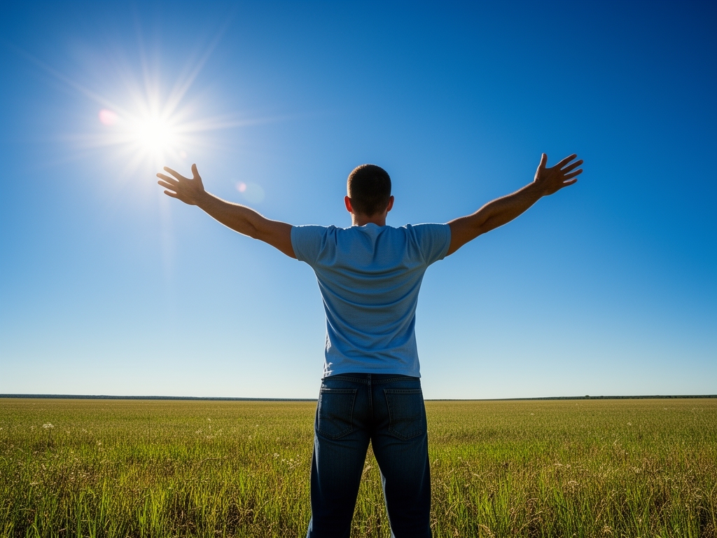 Hombre de espaldas con los brazos abiertos bajo el sol de mediodía en un campo abierto, cielo azul profundo, sensación de energía y bienestar natural